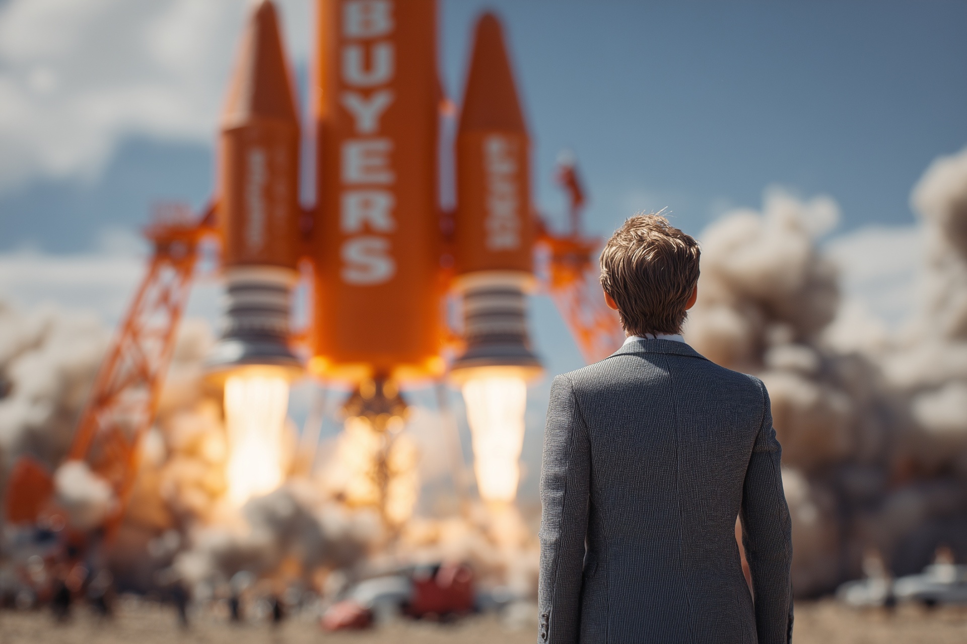 Business professional looking at rocket launch representing growth and success